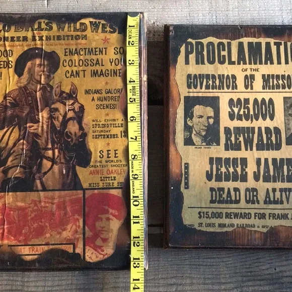 VTG Wild West Buffalo Bill Jesse James Lacquered Decoupage Burnished Wood Signs - Picture 8 of 8